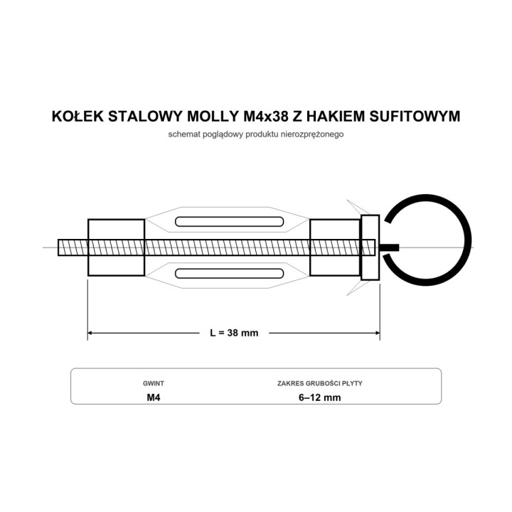 M4x38 Kołek stalowy rozporowy MOLLY z hakiem sufitowym, ocynkowany - 5 szt.