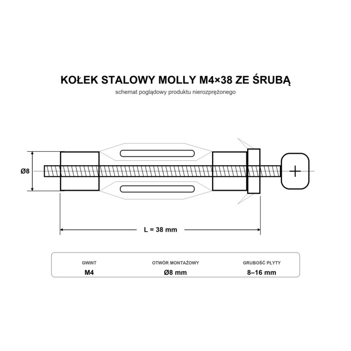 M4x38 Kołek stalowy rozporowy MOLLY ze śrubą, ocynkowany - 10 szt.