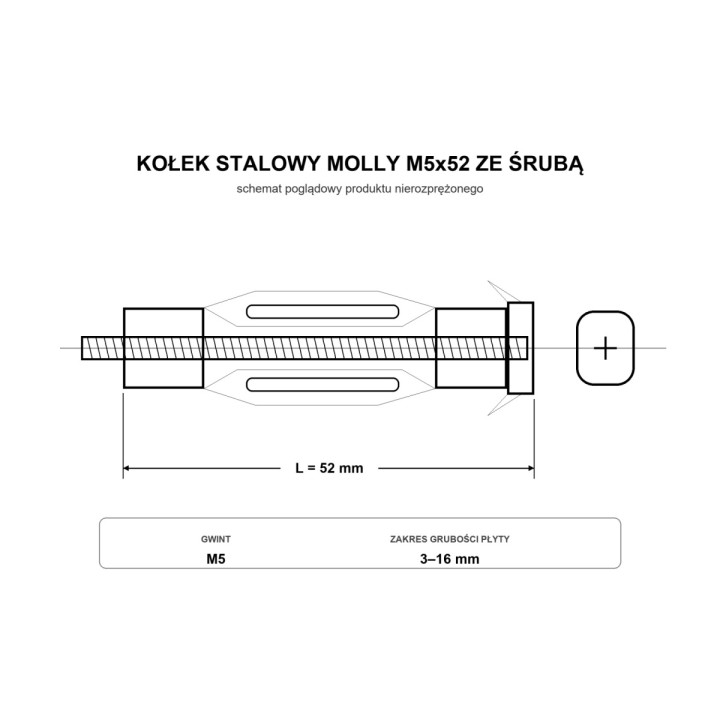 M5x52 Kołek stalowy rozporowy MOLLY ze śrubą, ocynkowany - 10 szt.