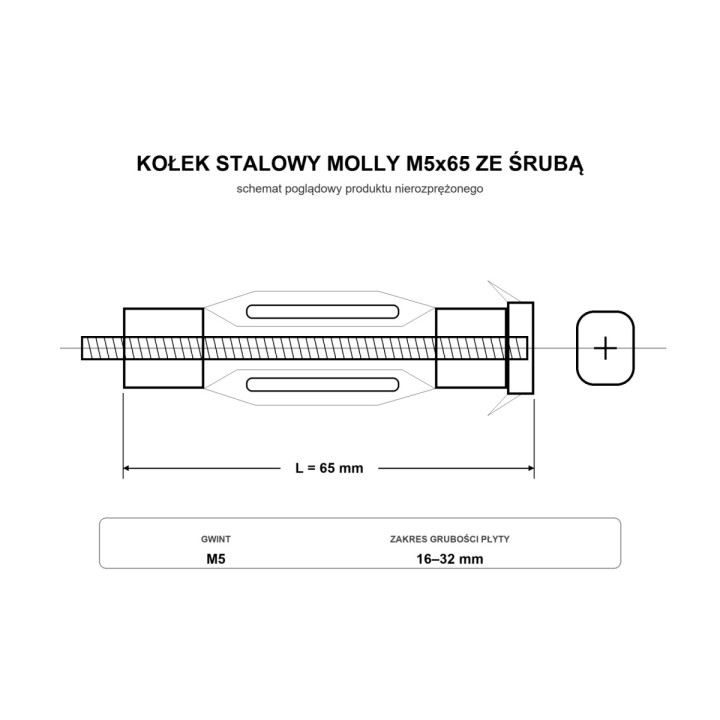 M5x65 Kołek stalowy rozporowy MOLLY ze śrubą, ocynkowany - 10 szt.