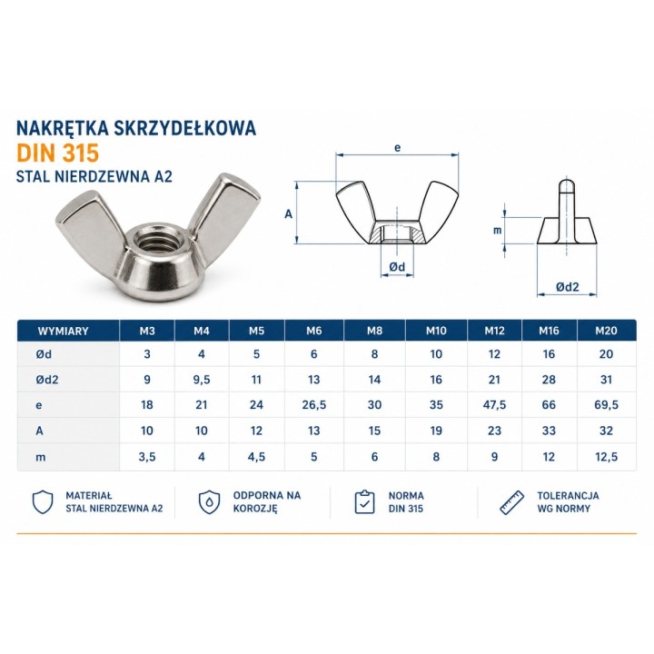 Nakrętka skrzydełkowa M6 nierdzewna A2 DIN315 10 szt.