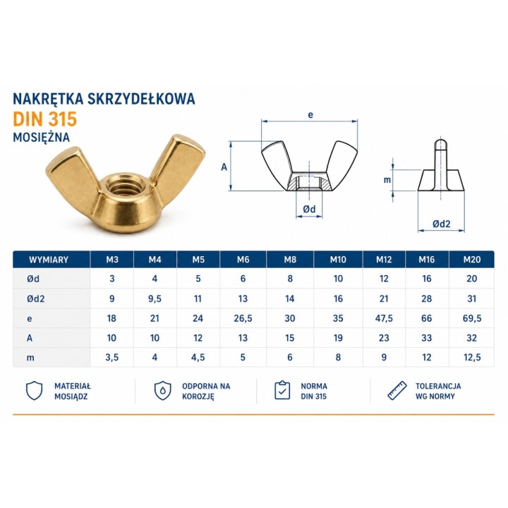 Nakrętka skrzydełkowa M8 mosiężna DIN315 100 szt.
