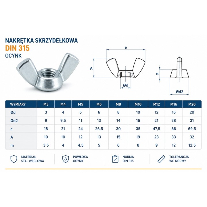 Nakrętka skrzydełkowa M8 ocynk DIN315 100 szt.