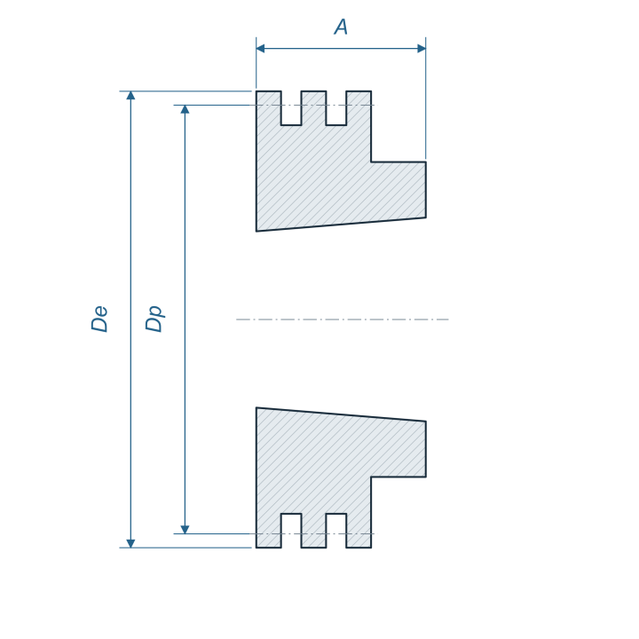Koło łańcuchowe 10B-3 5/8" Z=21 pod Taper Lock 1615, niehartowane — przekrój poglądowy, De, Dp, A (r03)