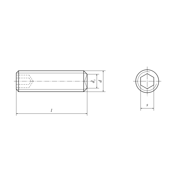 Rysunek techniczny DIN 916 / ISO 4029 — d, d_z, l, s