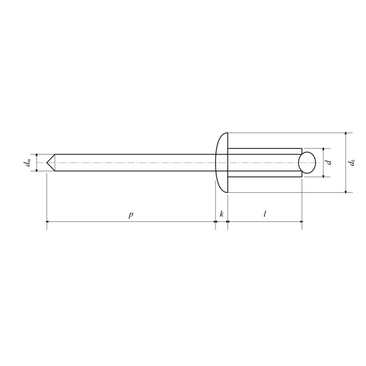 Nit zrywalny otwarty ISO 15977 — własny schemat d, dk, dm, p, k, l