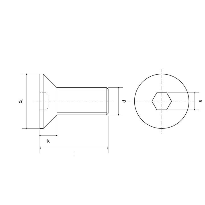 Schemat śruby ISO 10642: d, dk, k, l, s — ilustracja rodziny