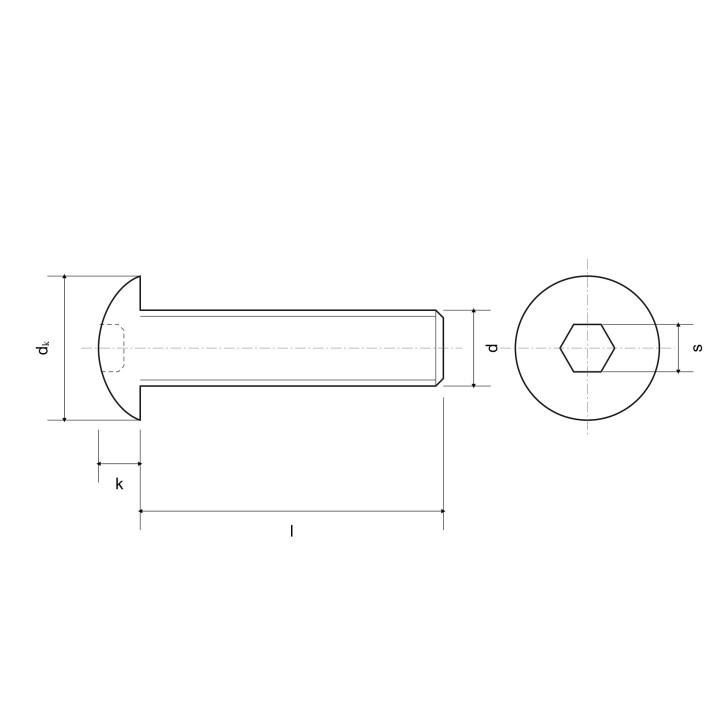 Schemat śruby ISO 7380-1: d, dk, k, l, s — ilustracja rodziny
