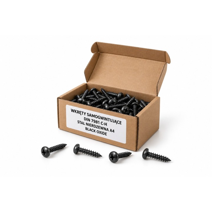 Wkręty DIN 7981 C-H A4 Black Oxide w kartoniku — ilustracja rodziny