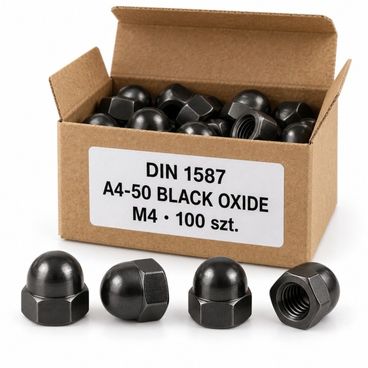 Nakrętki DIN 1587 A4 Black Oxide w kartoniku — ilustracja