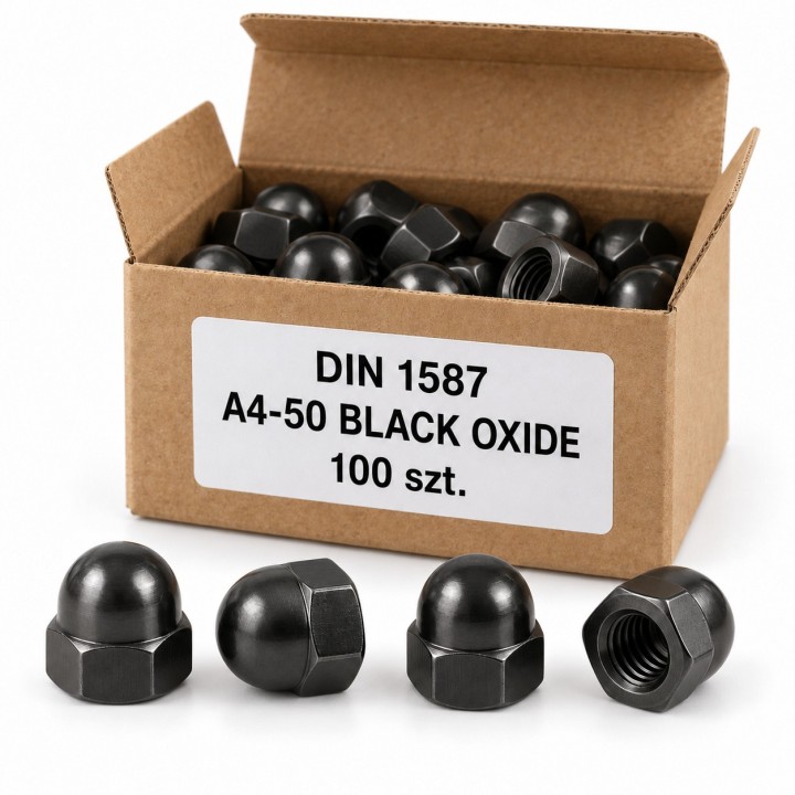 Nakrętki kołpakowe DIN 1587 A4 Black Oxide w kartoniku — ilustracja rodziny