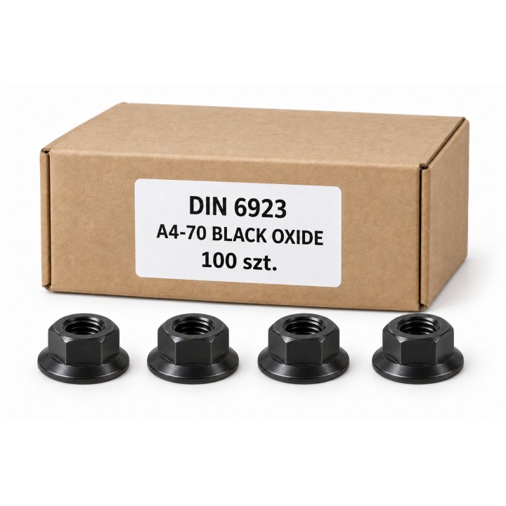 Nakrętki kołnierzowe DIN 6923 A4-70 Black Oxide w kartoniku — ilustracja rodziny