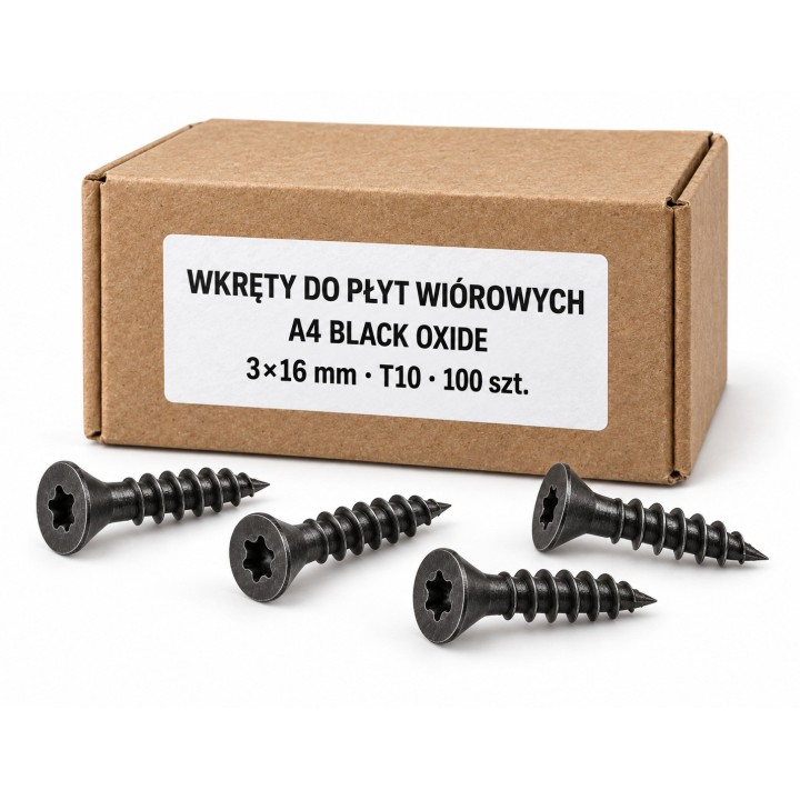 Wkręty 3×16 mm A4 Black Oxide T10 w kartoniku — ilustracja