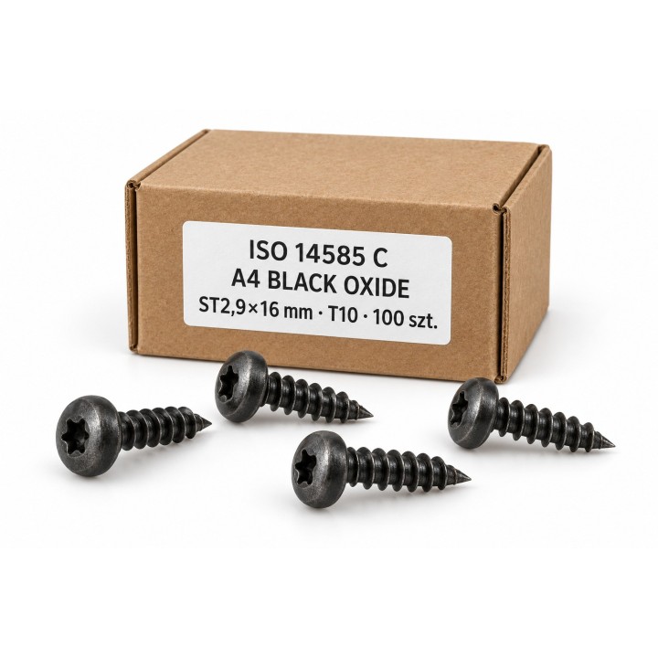 Wkręty ISO 14585 C ST2,9×16 T10 A4 Black Oxide w kartoniku — ilustracja
