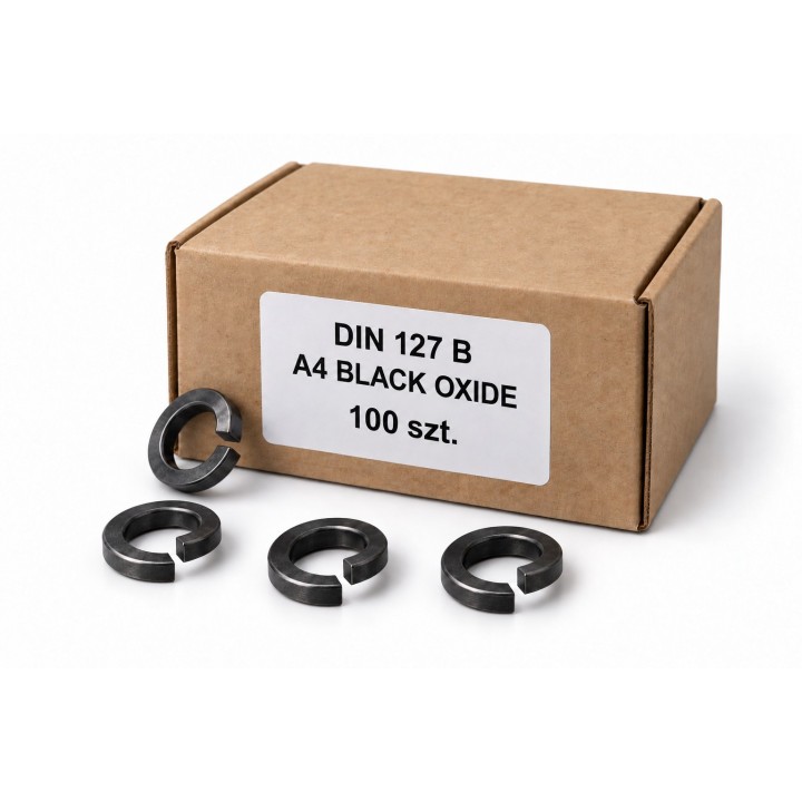 Podkładki sprężyste DIN 127 B A4 Black Oxide, 100 sztuk — ilustracja kartonika rodziny