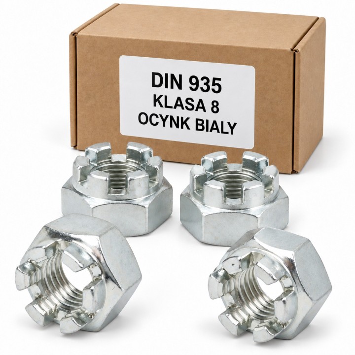 DIN 935, klasa 8, ocynk biały — własna ilustracja opakowania rodziny