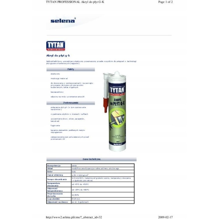 Akryl TYTAN do płyt gipsowo-kartonowych 280 ml bi