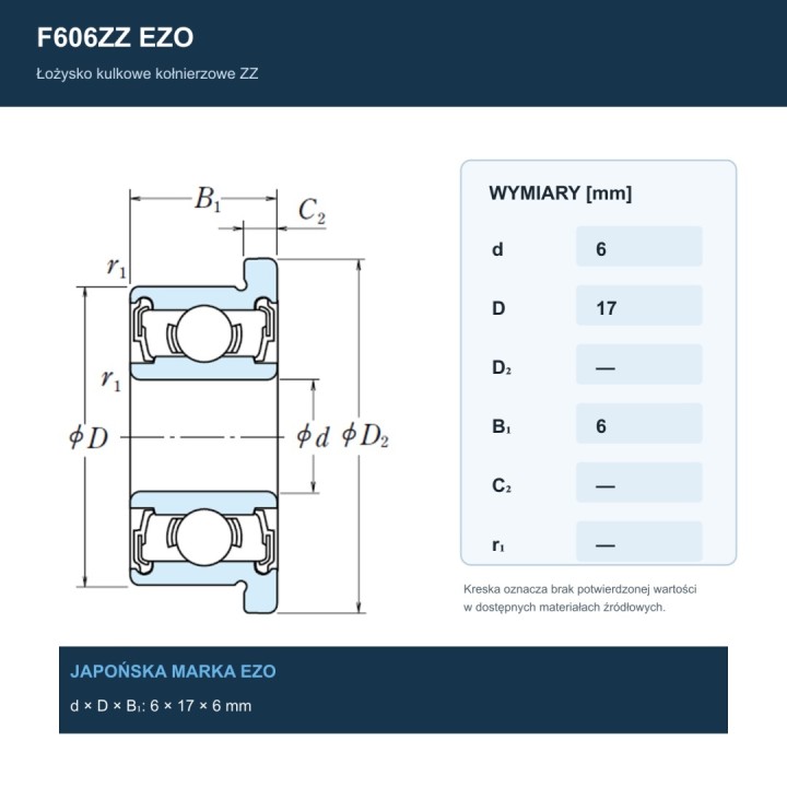 Łożysko kulkowe z kołnierzem F606ZZ EZO 6x17x6 mm