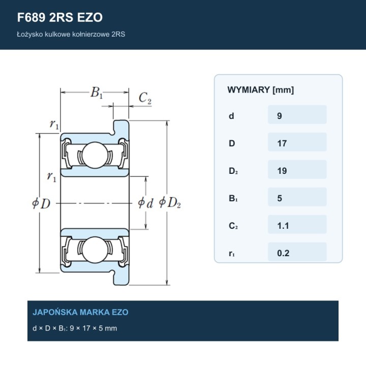 Łożysko kulkowe z kołnierzem F689 2RS EZO 9x17x5 mm
