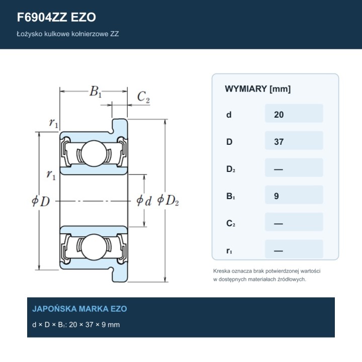 Łożysko kulkowe z kołnierzem F6904ZZ EZO 20x37x9 mm