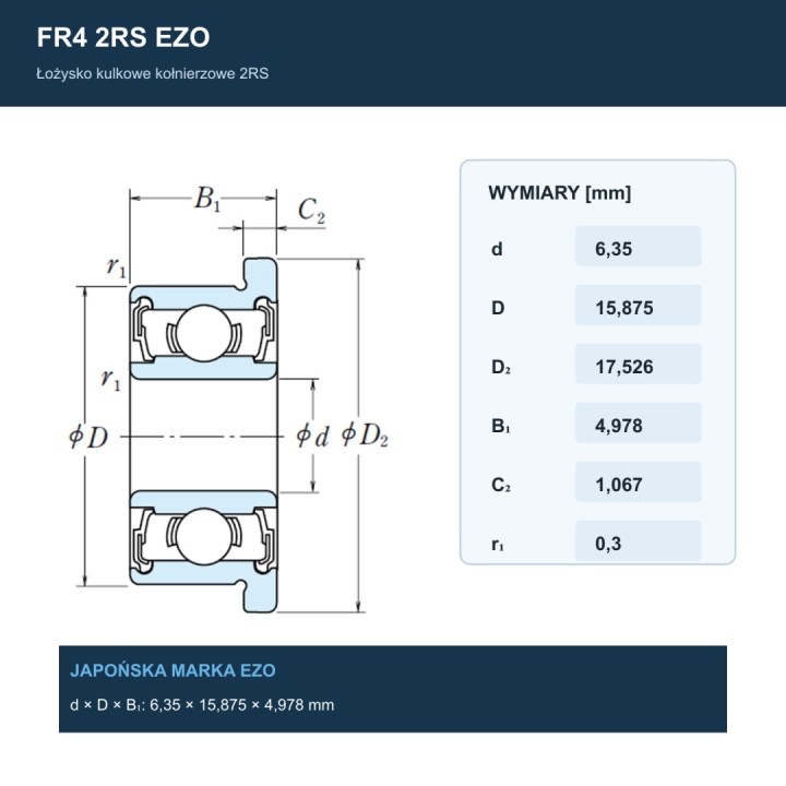 Łożysko kulkowe z kołnierzem FR4 2RS EZO 6,35x15,875x4,978 mm