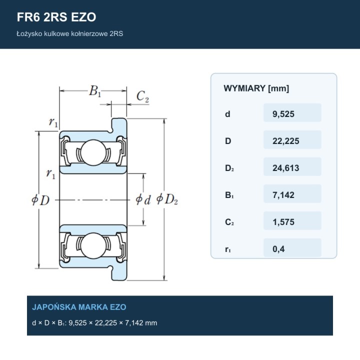 Łożysko kulkowe z kołnierzem FR6 2RS EZO 9,525x22,225x7,142 mm