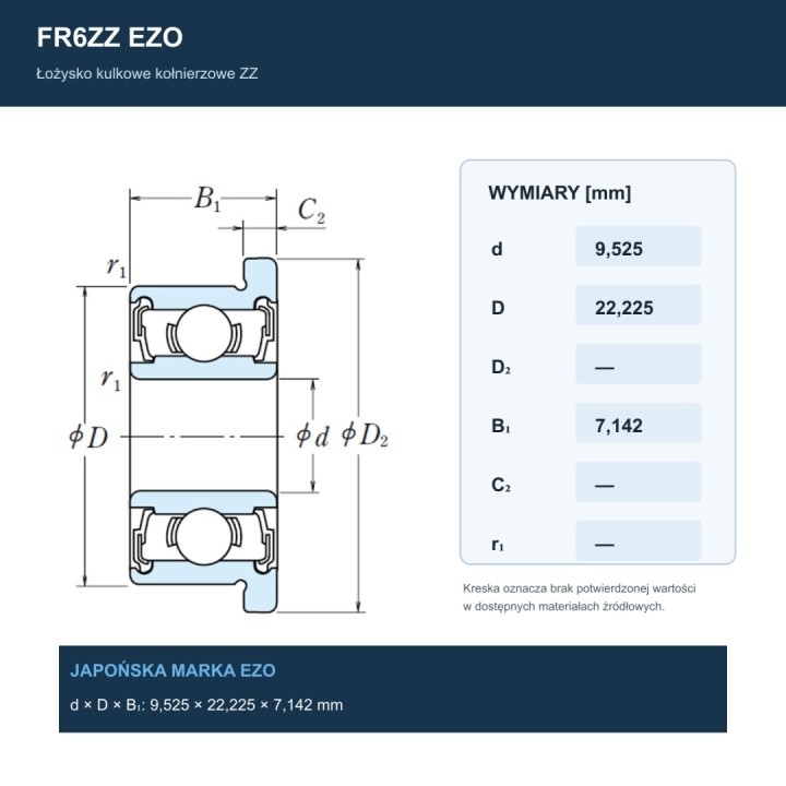 Łożysko kulkowe z kołnierzem FR6ZZ EZO 9,525x22,225x7,142 mm