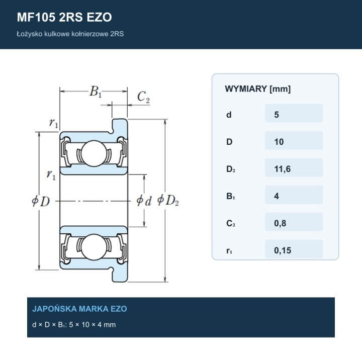 Łożysko kulkowe z kołnierzem MF105 2RS EZO 5x10x4 mm