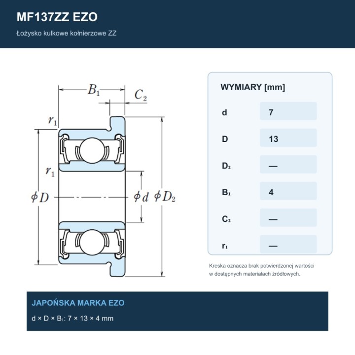 Łożysko kulkowe z kołnierzem MF137ZZ EZO 7x13x4 mm