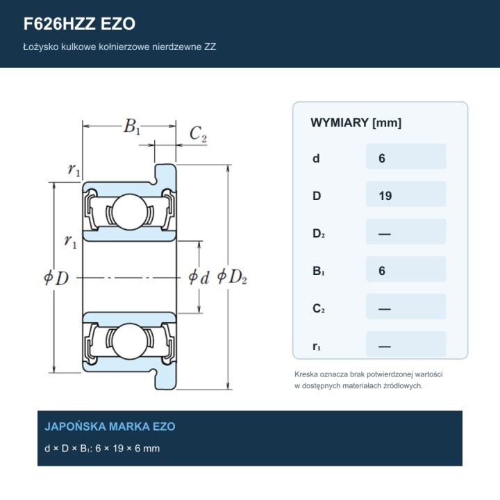 Łożysko kulkowe z kołnierzem nierdzewne F626HZZ EZO 6x19x6 mm