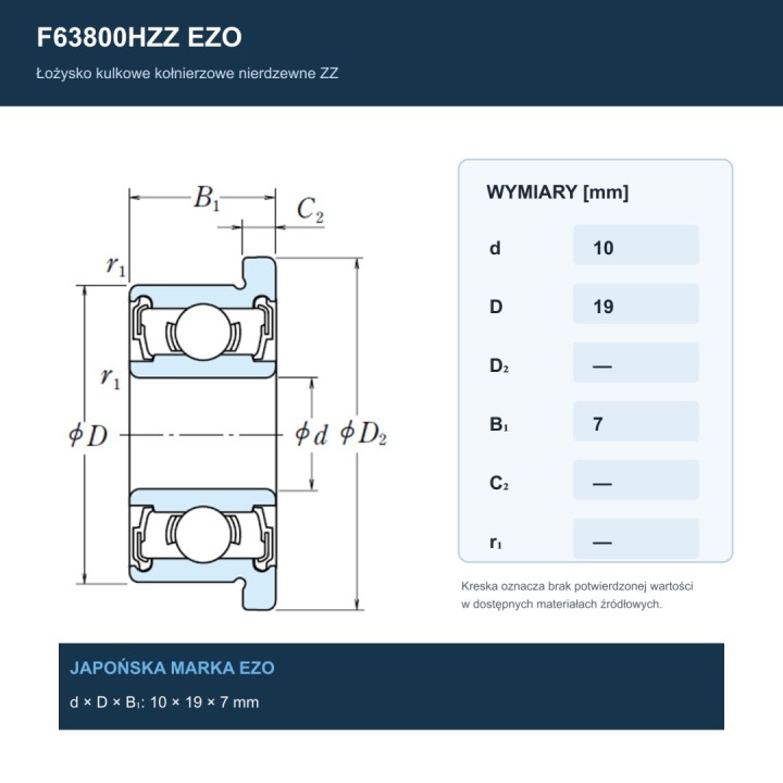 Łożysko kulkowe z kołnierzem nierdzewne F63800HZZ EZO 10x19x7 mm