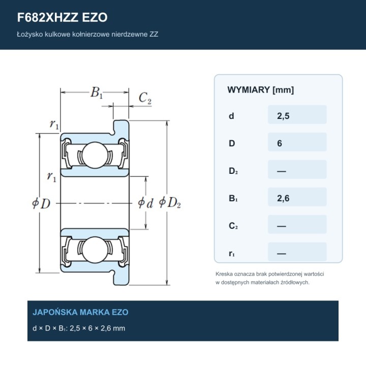 Łożysko kulkowe z kołnierzem nierdzewne F682XHZZ EZO 2,5x6x2,6 mm