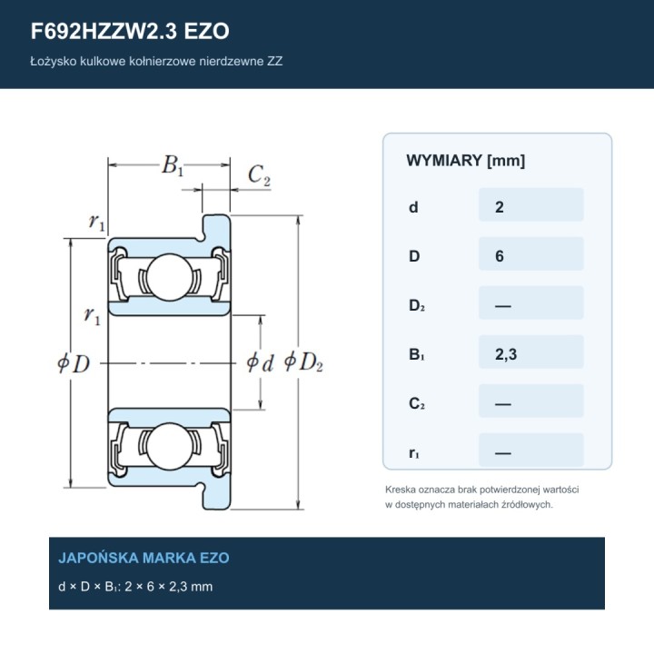 Łożysko kulkowe z kołnierzem nierdzewne F692HZZW2.3 EZO 2x6x2,3 mm