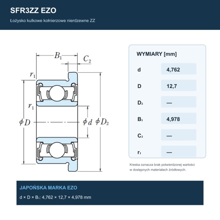 Łożysko kulkowe z kołnierzem nierdzewne SFR3ZZ EZO 4,762x12,7x4,978 mm