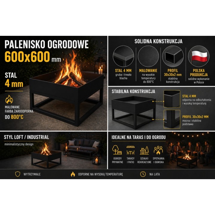 Palenisko ogrodowe 600x600 mm stal 4 mm loft czarne