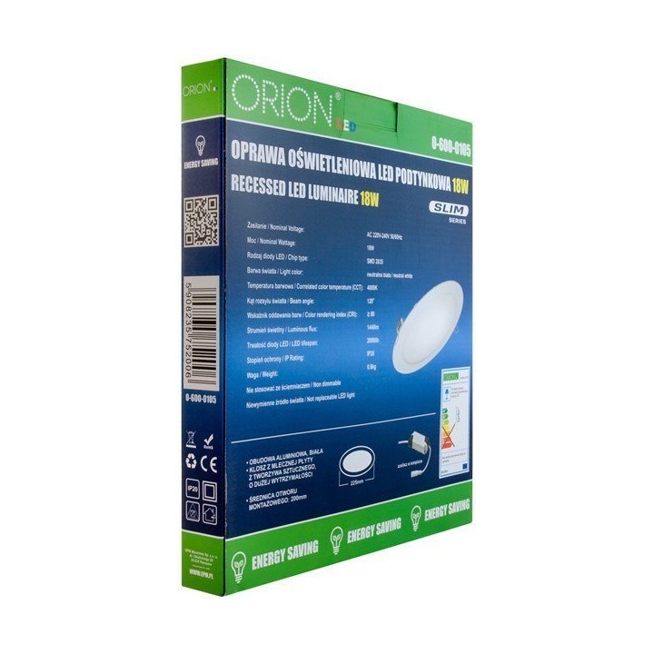 Panel LED podtynkowy okrągły slim 18w, 1440lm, 225
