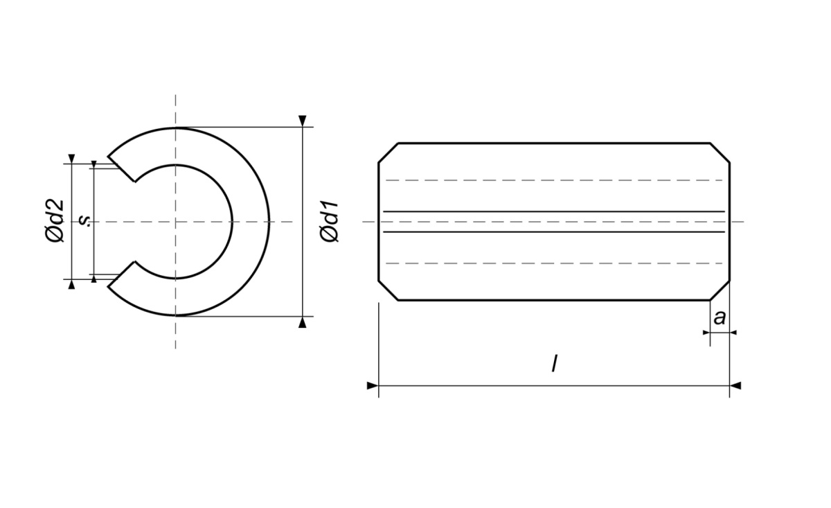 Rysunek techniczny kołka sprężystego rozciętego ISO 8752 z oznaczeniami d1, d2, l, a i s