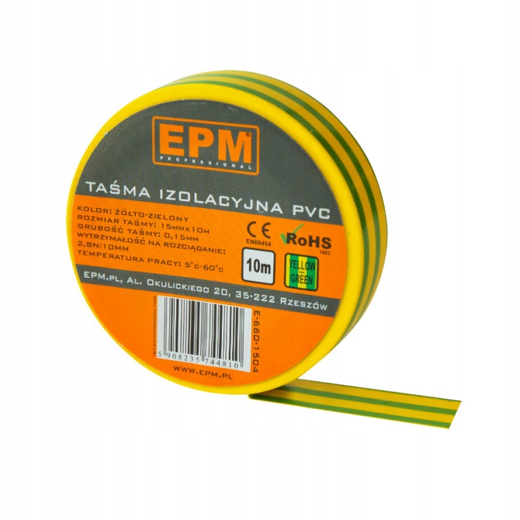 Taśma izolacyjna 15 mm*10 m żółto-zielona