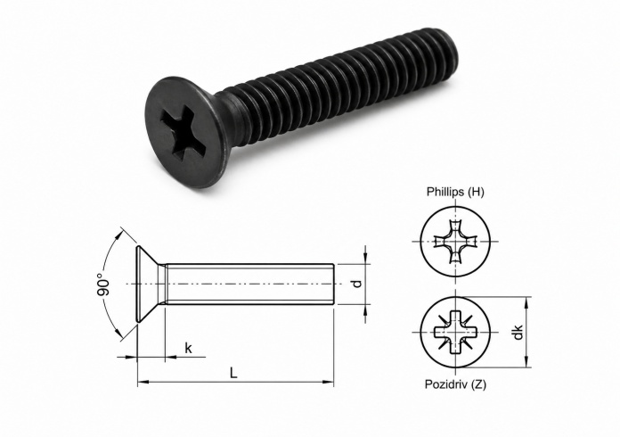 M5x12 Wkręty z łbem stożkowym czarny ocynk DIN 965 200 szt.