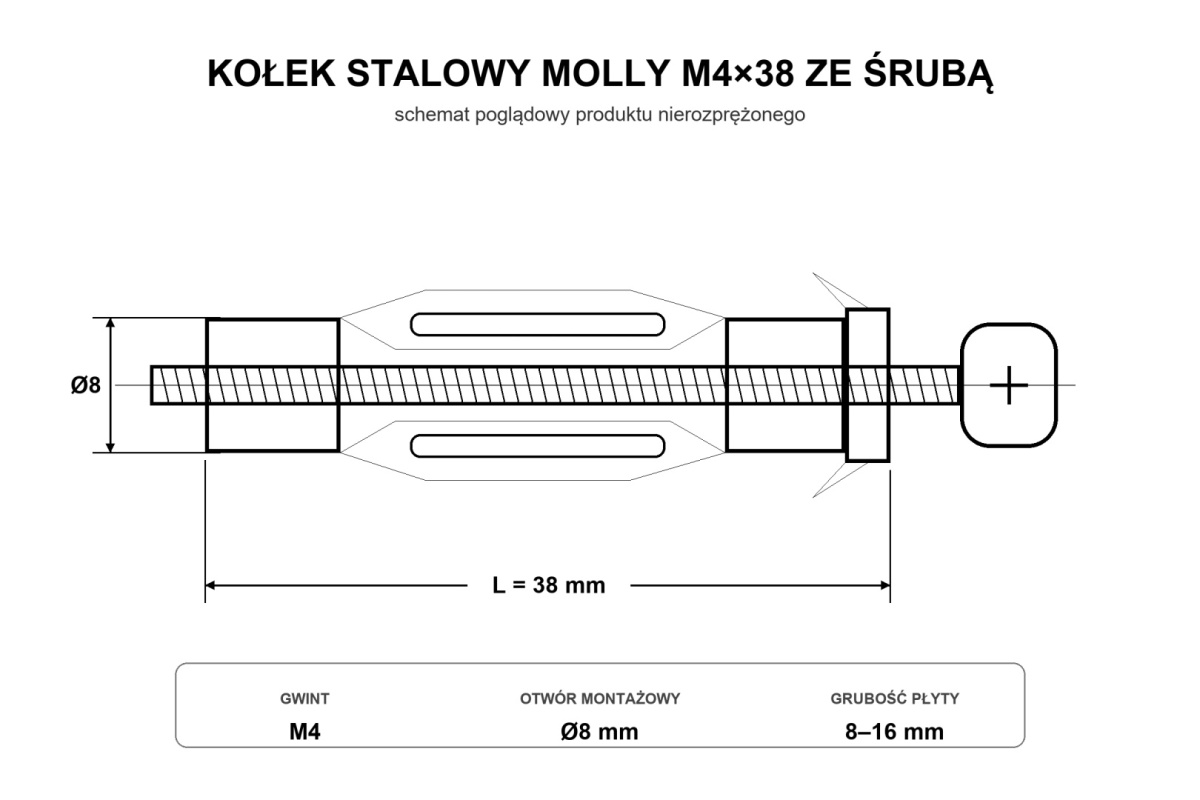 M4x38 Kołek stalowy rozporowy MOLLY ze śrubą, ocynkowany - 10 szt.