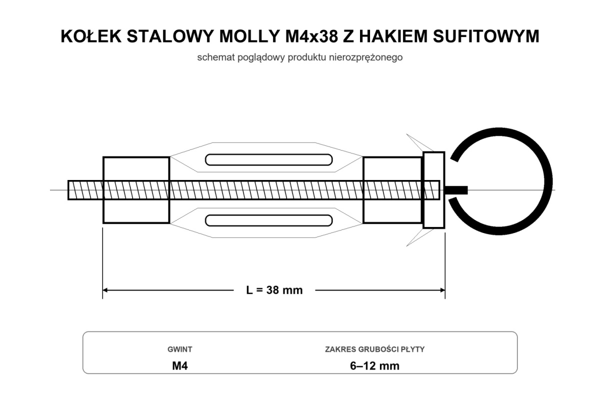 M4x38 Kołek stalowy rozporowy MOLLY z hakiem sufitowym, ocynkowany - 5 szt.