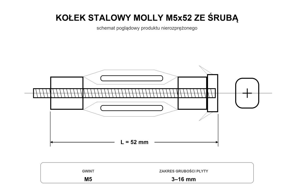 M5x52 Kołek stalowy rozporowy MOLLY ze śrubą, ocynkowany - 10 szt.