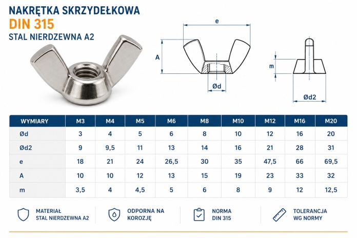 Nakrętka skrzydełkowa M8 nierdzewna A2 DIN315 10 szt.