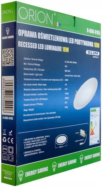 Panel LED podtynkowy okrągły slim 18w, 1440lm, 225