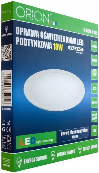 Panel LED podtynkowy okrągły slim 18w, 1440lm, 225