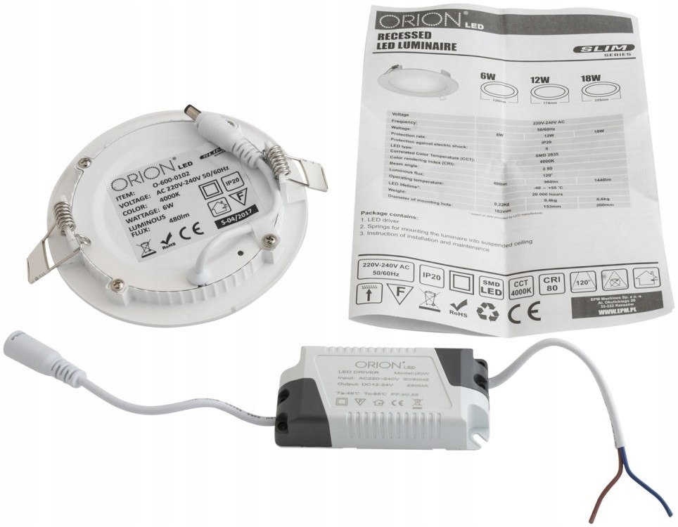 Panel LED podtynkowy okrągły slim 12w, 960lm, 175m