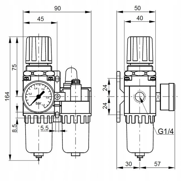 Blok przygotowania powietrza 1/4" 0,5-8,5 bar