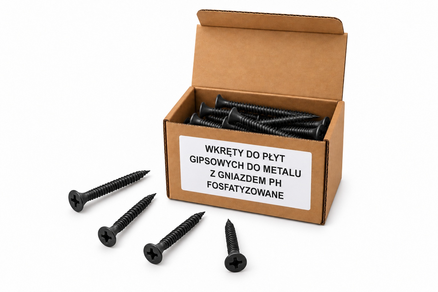 Fosfatyzowane wkręty do płyt gipsowych do metalu w otwartym kartoniku