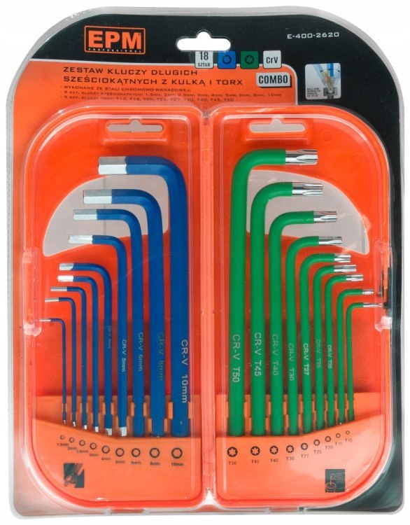 Komplet kluczy trzpieniowych hex i TORX długie 18
