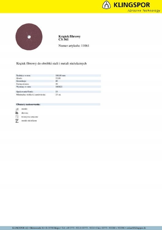 KRĄŻEK FIBROWY CS561 GRANULACJA 40 180 mm 11061
